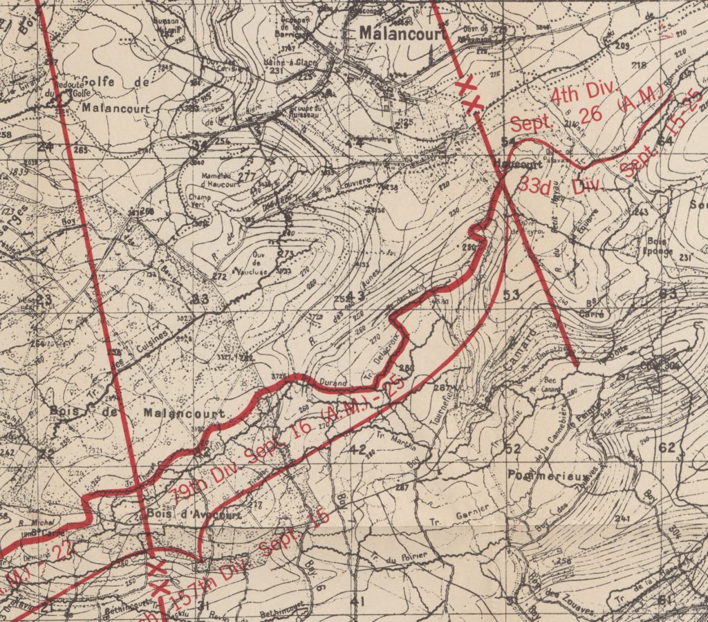 ABMC Summary of Ops map showing the 79th Division jump-off lines.  The Bois de Malancourt was the only real forest then.