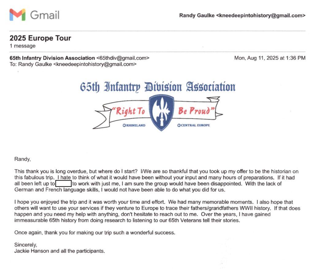 Letter of thanks for work on bespoke battlefield tour for the 65th Infantry Division Association